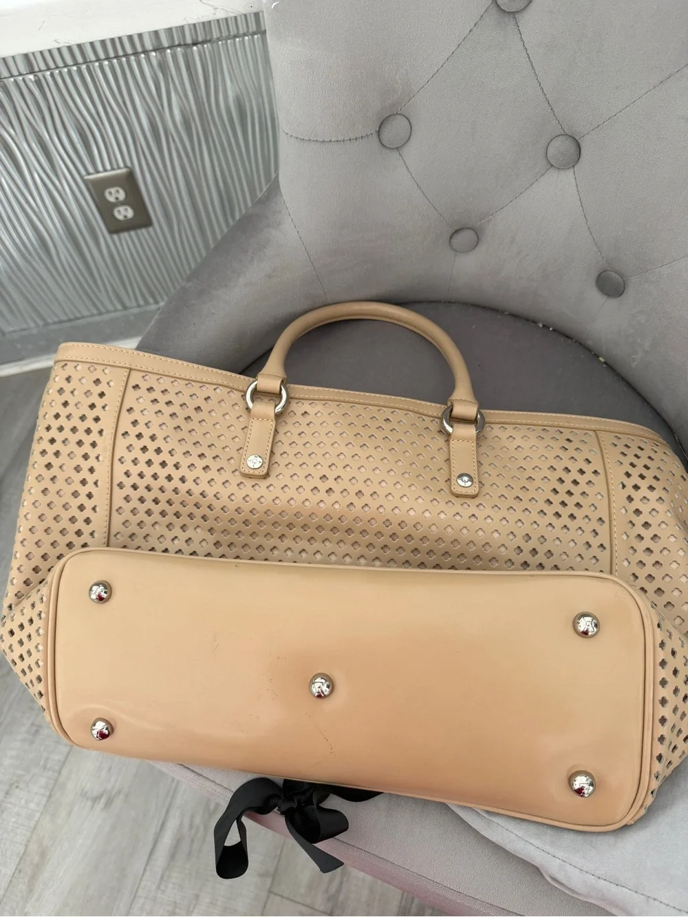 My Flat in London Beige Perforated Tote with Decorative Emblem